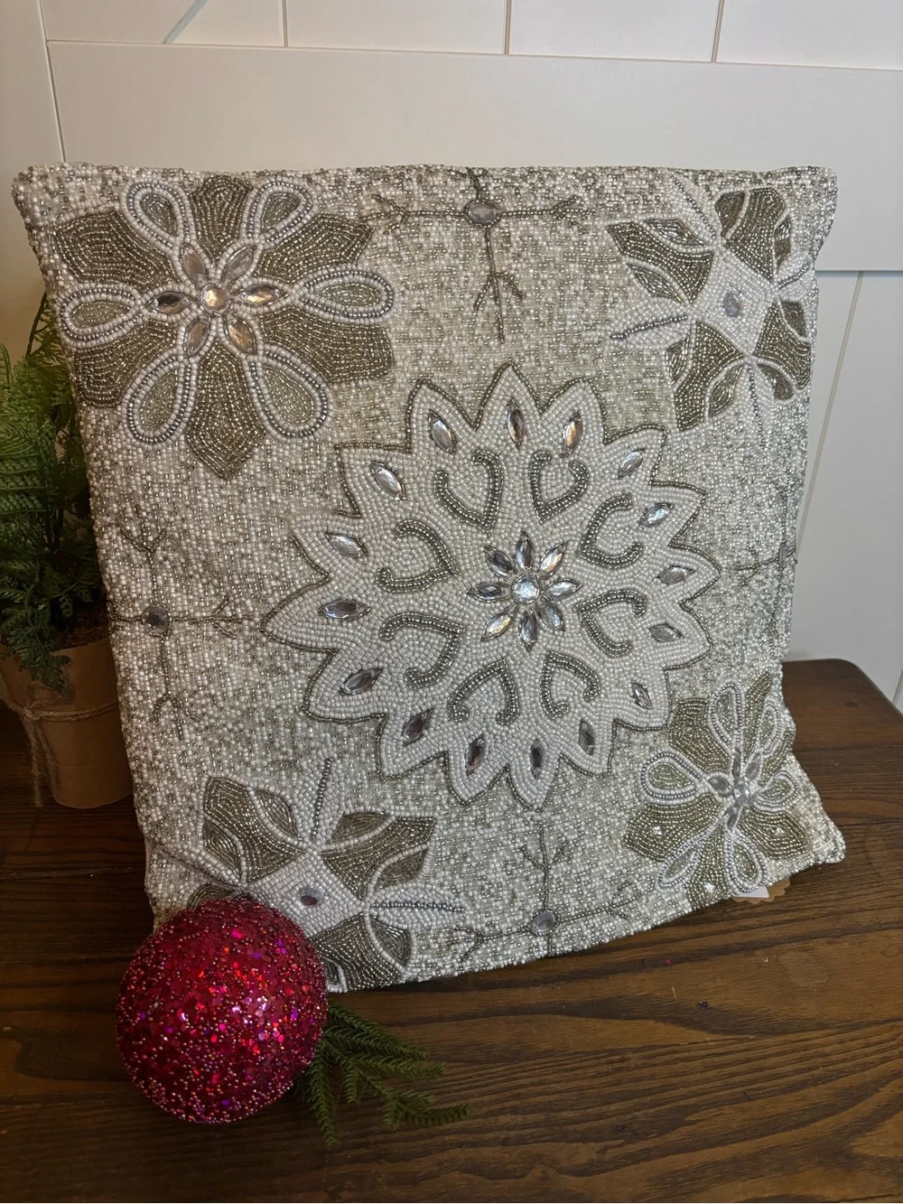 Frosted Snowflake Beaded Holiday Pillow Cover